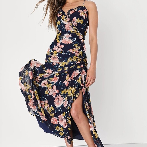 Lulus Dresses & Skirts - Lulu's Navy Floral Midi Dress with Pink & Yellow Blooms